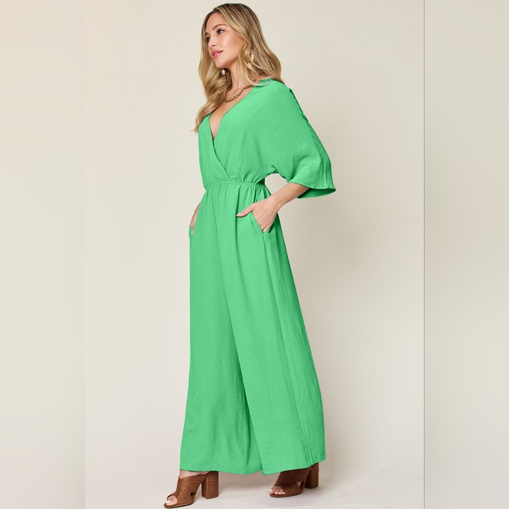 Green Wide-Leg Surplice Jumpsuit
